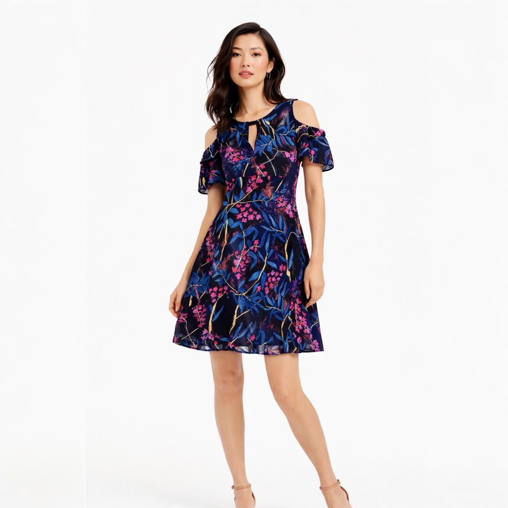 Maeve Anthropologie Womens Elia Cold Shoulder Dress Blue Floral 10P Tropical‎ - Picture 1 of 9